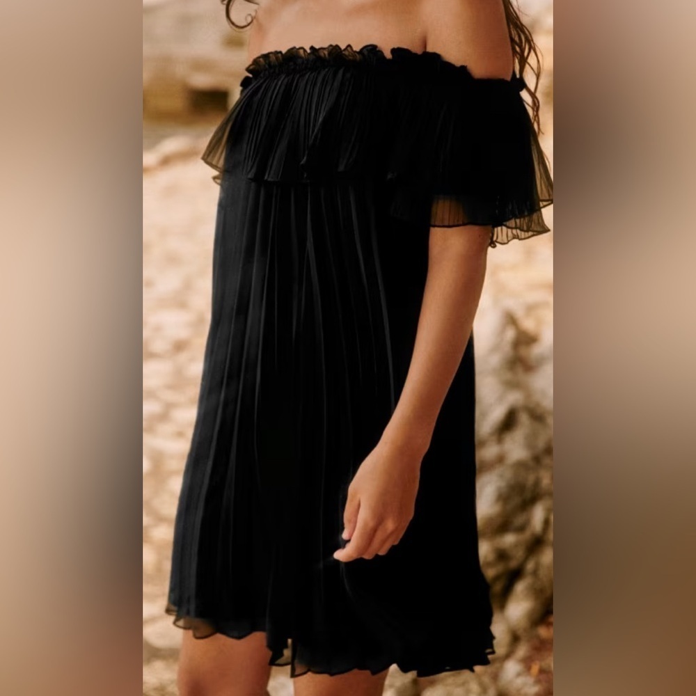 Sezane Gloria Pleated Off the Shoulder Mini Dress Black Size FR46/US 14